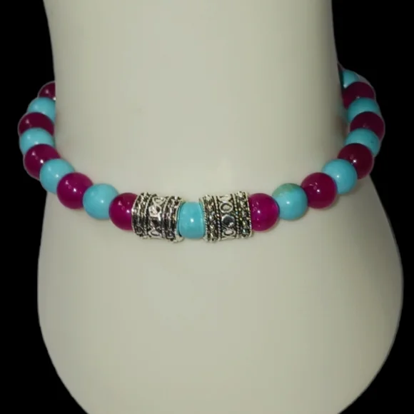 Turquoise & Magenta Jade Crystal Beaded Stretch Bracelet Y2K Slip On Style - Picture 4 of 12